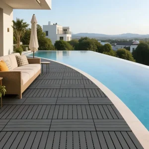 Dark gray outdoor terrace deck tiles.